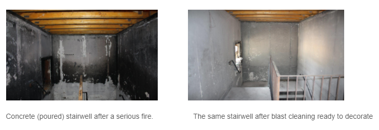 Concrete (poured) stairwell after a serious fire. The same stairwell after blast cleaning ready to decorate
